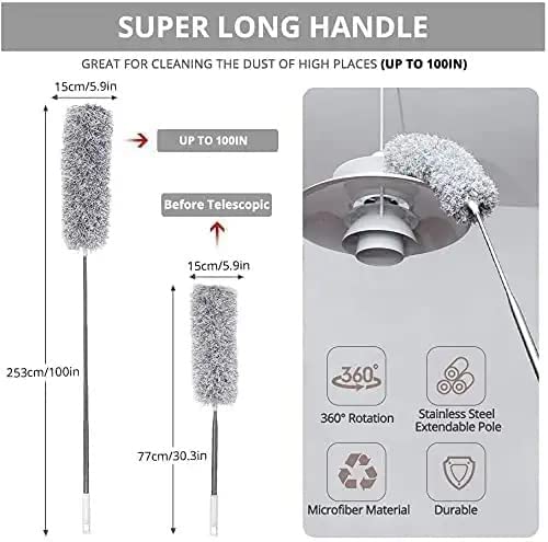 🧹 Upgraded Long Handle Microfiber Ceiling Fan & Cobweb Duster – 100 Inch Extendable Cleaning Tool with Bendable Head | Grey