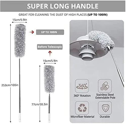 🧹 Upgraded Long Handle Microfiber Ceiling Fan & Cobweb Duster – 100 Inch Extendable Cleaning Tool with Bendable Head | Grey