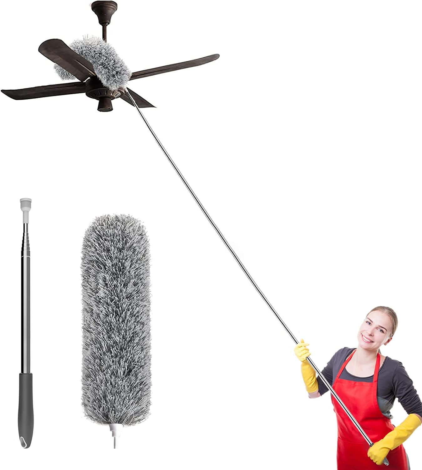 🧹 Upgraded Long Handle Microfiber Ceiling Fan & Cobweb Duster – 100 Inch Extendable Cleaning Tool with Bendable Head | Grey