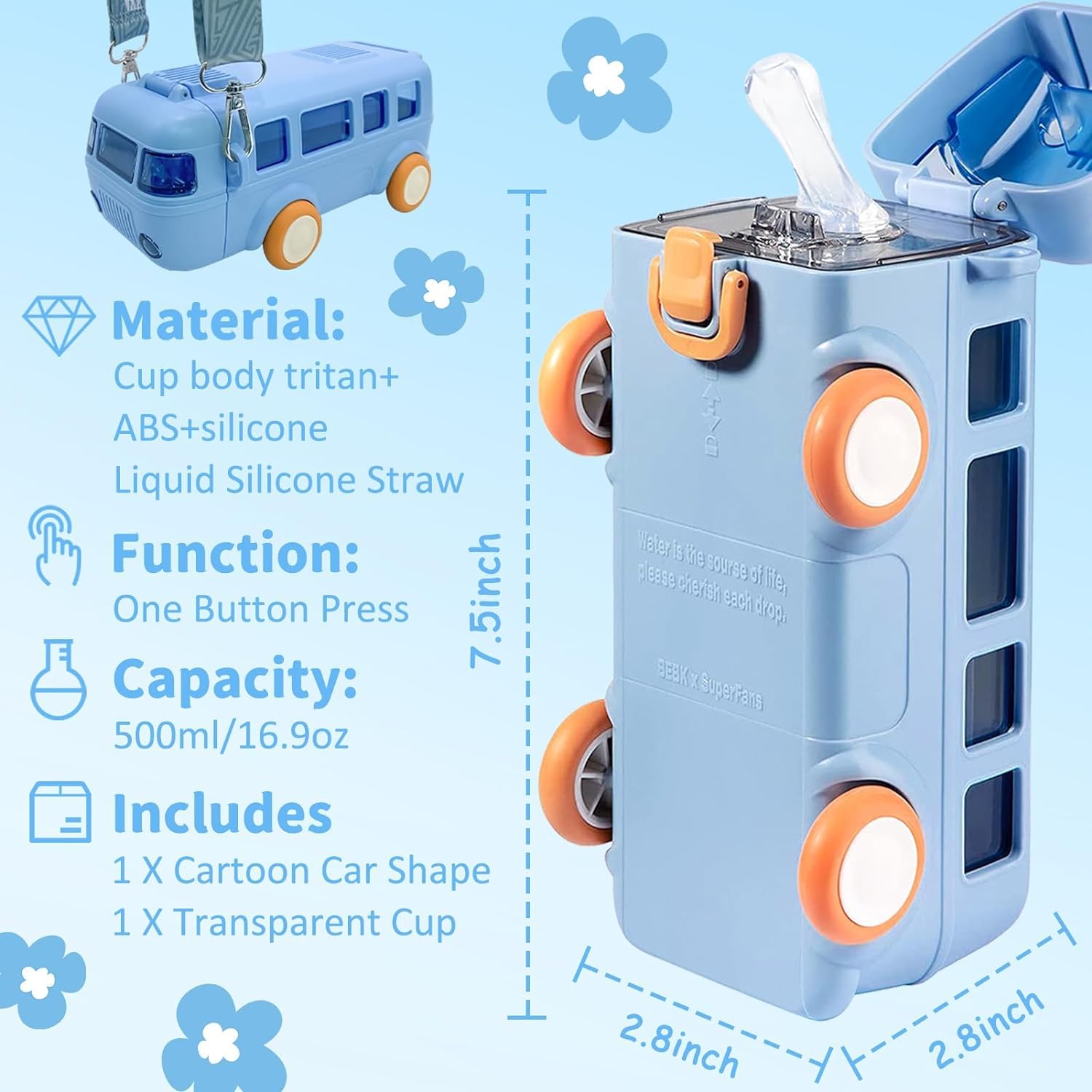 Kids’ Cartoon Bus Water Bottle for School, Sports, and Travel - Leak-Proof, BPA-Free, Easy to Clean