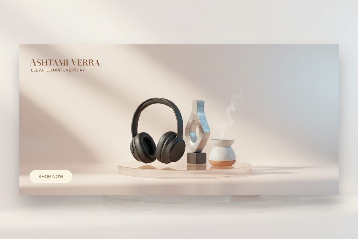 A clean and premium ecommerce homepage banner with a modern dropshipping brand feel. Soft light background, high-quality product display in the center, realistic lighting and shadows, professional and trustworthy look, minimal design, luxury online store style, attractive and wow effect, high resolution, 16:9 ratio. brandname - Ashtami Verra